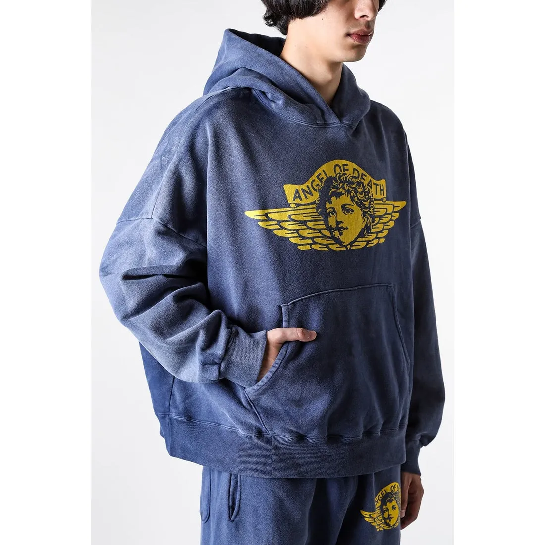 SAINT M×××××× ANGEL HOODIE/NAVY Angel Reborn Blue Hoodie Washed Blue S-XL Assute Garment Dyeing Full Clothes Water Fading Mud Dyeing Dirty Distress New Vintage Ceiling God Tailoring Original Super Loose Fit Customized Original Accessories God-level Print Restoration